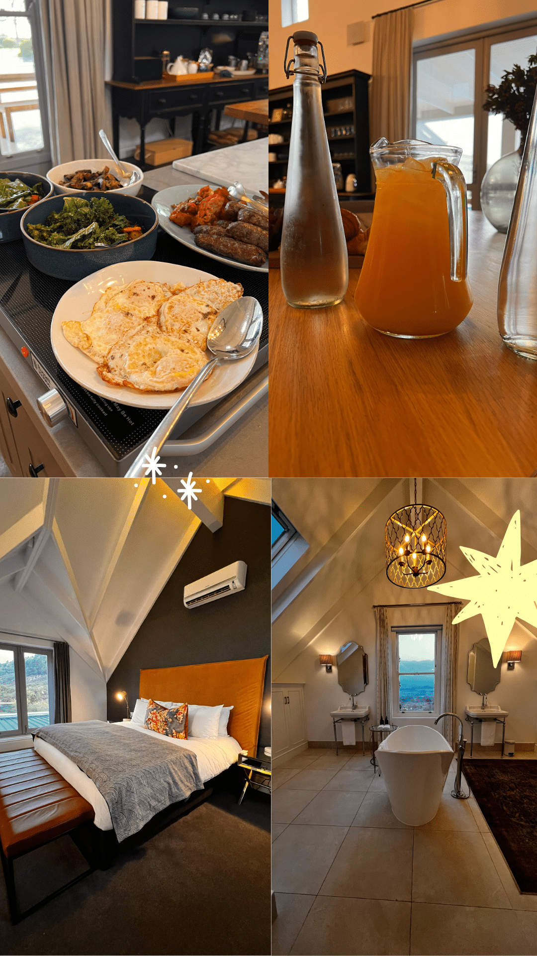 Breakfast, fresh juice, bedroom and bathroom at the Boschendal Mountain Villa