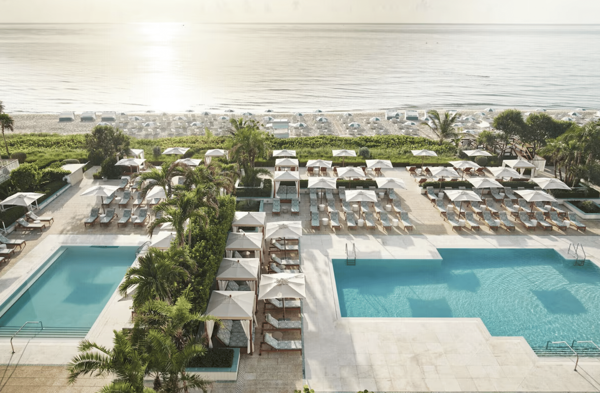 Two oceanfront pools and cabanas at Four Seasons Resort Palm Beach, Florida