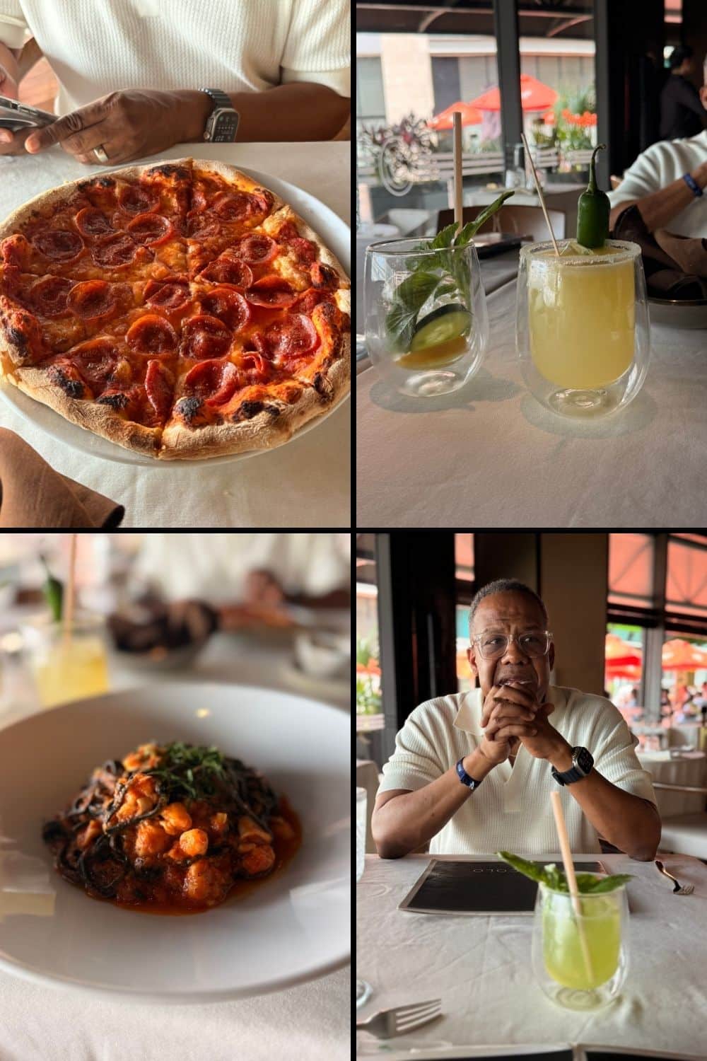 Pizza, pasta, and cocktails at a restaurant during a trip to Cancun