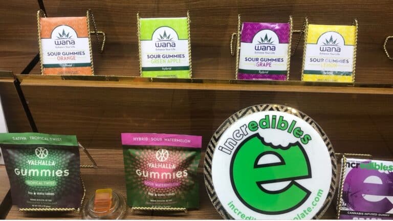 Cannabis edibles and gummies on display at a licensed dispensary
