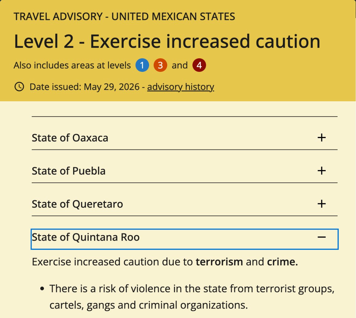 U.S. State Department Mexico travel advisory showing Level 2 and the Quintana Roo section, issued May 29, 2026